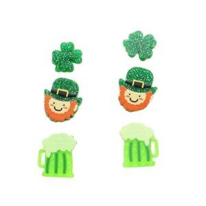 Tigerstars "Happy St. Patrick's Day" Clover Leprechaun Beer Stud Earrings Set